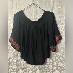 Ambiance Black Peasant Blouse with Red Floral Embroidered Sleeves – Size L.